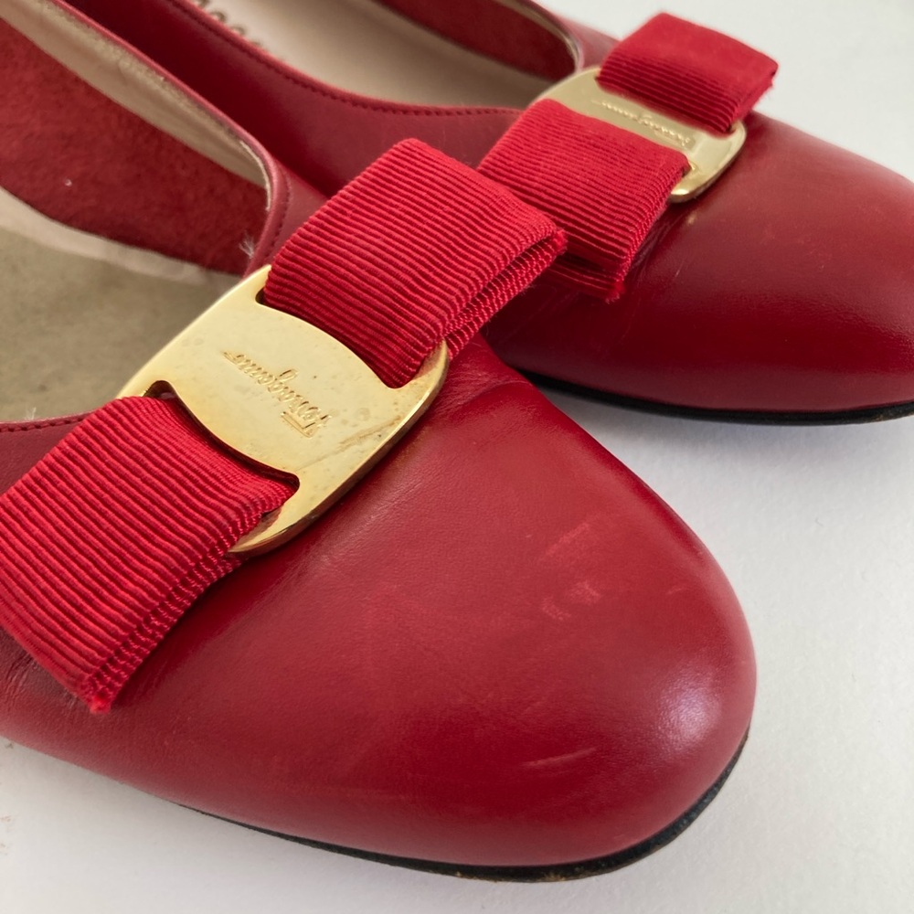 Salvatore Ferragamo Red Flats with Gold Buckle. Italian Leather